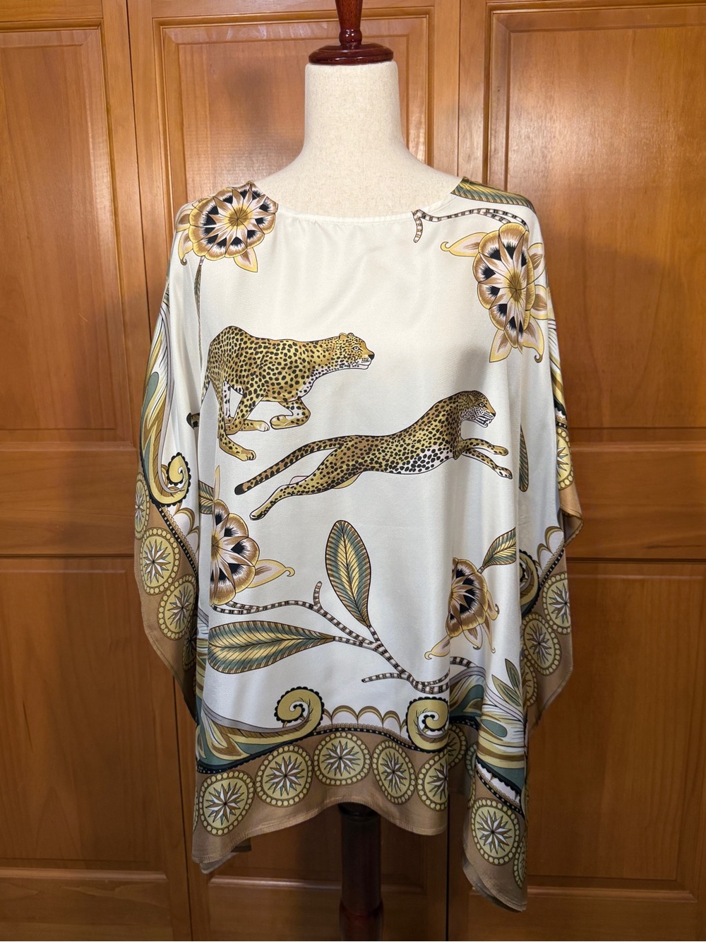 Chico's Cream Leopard & Floral Silk Scarf Poncho